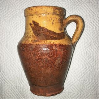 Antique Early American Redware Pottery Jug With Whales Pitcher