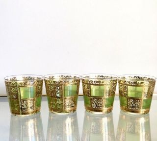 4 Double Old Fashioned Glasses Green Gold Scroll Pattern Mid Century Rocks Bar