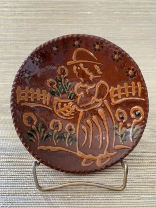 Gorgeous Ned Foltz Redware Miniature Plate With Lady Gardening 1988 & Signed
