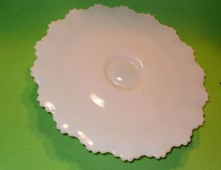 Antique Milk Glass Three Footed Pedestal Cake Plate With Intricate Leaf Pattern.