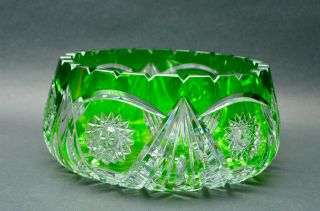 Vintage Bohemian Czech Emerald Green Cut To Clear Crystal Bowl