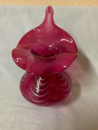 Vintage Fenton Glass Jack In - The Pulpit Vase Cranberry Opalescent Pulled Feather