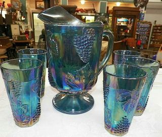 Vintage Indiana Glass Blue Carnival Harvest Pitcher & 6 Tumbler Glasses Set