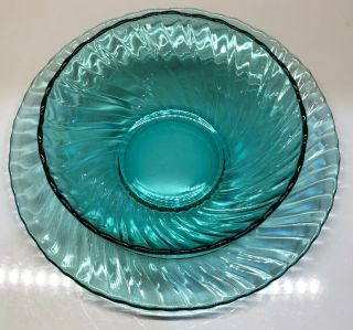 3 Vintage Arcoroc France Aqua Swirl Scalloped 5 1/2 Bowls & 7 1/2 Plates