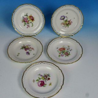 Kpm Berlin Porcelain - Flower Decorated - 5 Reticulated Plates - 7½ Inches