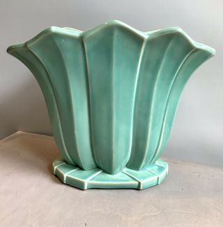 Vintage Mccoy Pottery 8.  5 " Aqua Green Turquoise Fan Shaped Vase