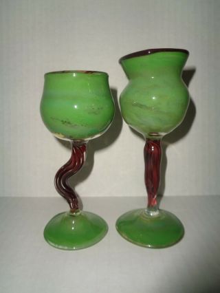 Art Glass (2) Opalescent Green Cordials / Wine Glasses " Cactus  Otter 2003 "