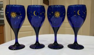 Set Of 4 Libbey Celestial Sun Moon Stars Cobalt Blue Wine Glasses Goblets Nwt