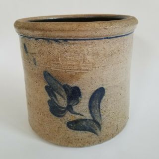 Vintage 1983 Rowe Pottery Glazed Crock Blue Leaf Flower Design