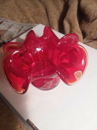 Red Murano Style Art Glass Cigar Ashtray Candy Nut Dish Rose Bowl Vtg 1960 