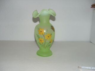 Fenton Green Vase Hand Painted Flowers And Butterfly,  Marilyn Wagner Ooak