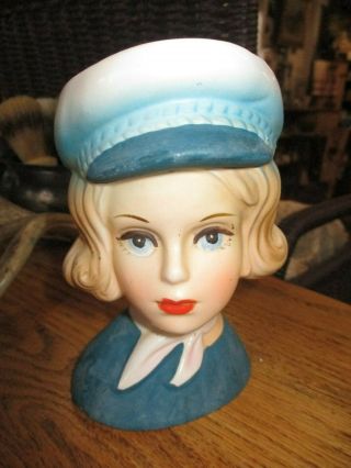 Antique Vintage Rare Blonde Girl Flight Attendant Stewardess Headvase In Blue