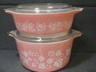2 Vintage Pyrex Pink Gooseberry Casserole Dishes W/ Lids 471 1 - Pt 473 1 - Qt