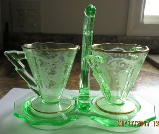 3 - Piece Cambridge Glass Green Decagon Creamer & Sugar Set Etched