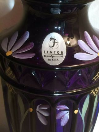 7 " Fenton Art Glass Royal Purple Yenowine Signed Hand Painted Floral Vase,  Tag