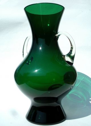 Shapely Vibrant Deep Green Vintage Italian Art Glass Amphora Vase Empoli Verde