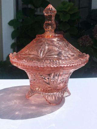 Vtg Rare Pink Depression Glass Compote Candy Dish & Lid 4 Footed Federal