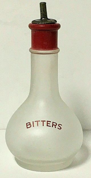 Rare Vintage Hazel Atlas Frosted Glass Bitters Barware Bottle Red Top 5 "