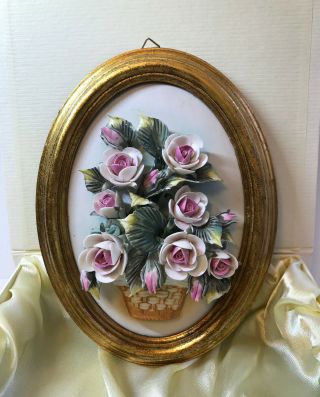 Capodimonte Italian Porcelain Flowers In Basket Gold Framed Wall Plaque