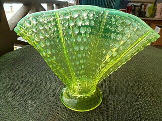 Fenton 389 Topaz Vaseline Opalescent Hobnail 8 1/4 " Large Ruffled Fan Vase