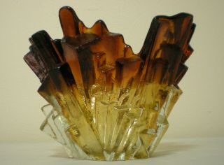 Vintage Brutalist Humppila Pertti Santalahti Amber Iceberg Bowl Vase Hand Signed