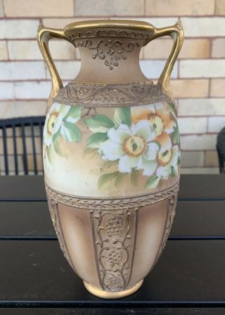 Antique Nippon Porcelain Moriage White Floral Hand Painted Flowers Vase