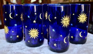 Libbey Celestial Sun Moon Stars 6 Cobalt Blue 6 " Tumbler Drinking Glasses