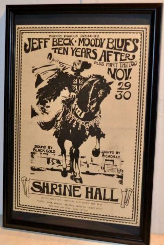 Jeff Beck Moody Blues Ten Years After 1968 Shrine Concert Framed Poster / Ad