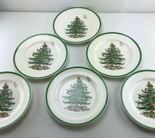 Set Of 6 Spode Christmas Tree Dinner Plates 10 1/2 " S3324 F Made In England L04