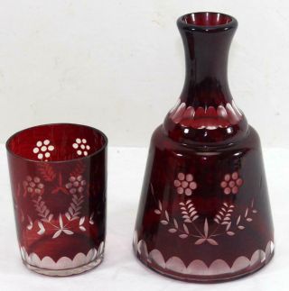 Vintage Ruby Red Bohemian Czech Cut To Clear Tumble Up Decanter Carafe Glass Set