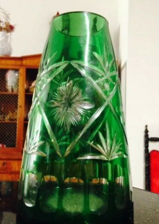 Bohemian Polish Emerald Green Cut To Clear Lead Crystal 10 " Vase