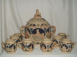 Gerz German Castle Stoneware Punch Bowl/cider Tureen W/8 Cups/mugs
