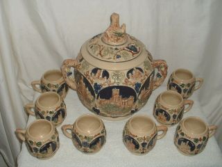 Gerz German Castle Stoneware Punch Bowl/Cider Tureen w/8 Cups/Mugs 2