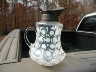 Antique EAPG Northwood 9 Panel / White Opalescent Coin Dot Syrup Pitcher 2