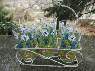 6 X Vintage Mid Century Drinking Glasses With Carrier - Floral - Flowers 4.  75 "