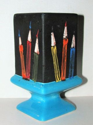 Mid Century Signed Italy Pottery Vase Turquoise / Hp Pencils Motif Fratelli Era
