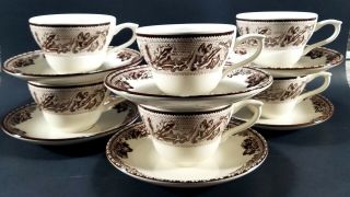 (6) Wedgwood Plymouth Brown,  Williams Sonoma Cups And Saucers,  2 3/4 " England