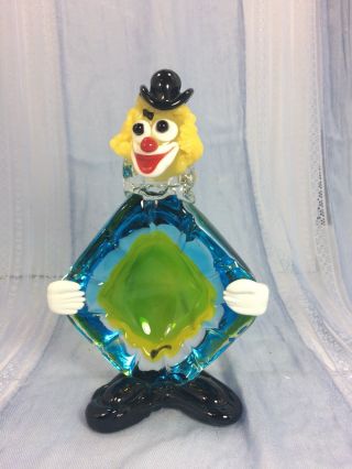 Vintage Murano Glass Art Clown Blown Glass Figurine Ash Tray Blue Green Yellow