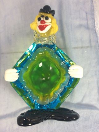 Vintage Murano Glass Art Clown Blown Glass Figurine Ash Tray Blue Green Yellow 6