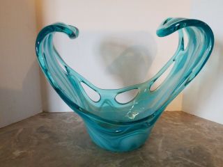 Vintage Hand Blown Stretch Studio Art Glass Turquoise Blue Swirl Bowl