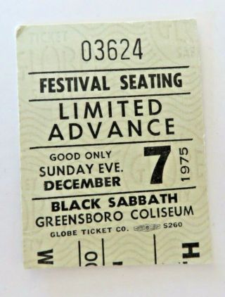 Vintage Black Sabbath Concert Ticket Stub December 07 1975 Greensboro Nc 2232