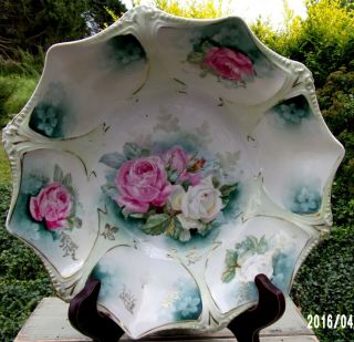 Large Antique Rs Prussia Bowl Scalloped Roses Teal Pinks White 10.  5 "