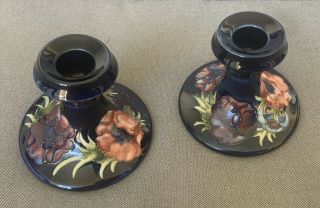 Pair Vintage Moorcroft Pottery Anemone Candlesticks Cobalt Blue - England