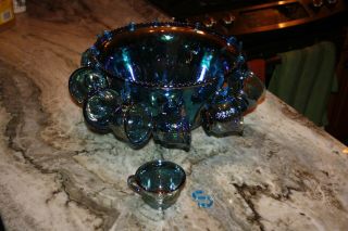 Indiana Carnival Glass Iridescent Blue Harvest Grape 12 Cups Punch Bowl Set