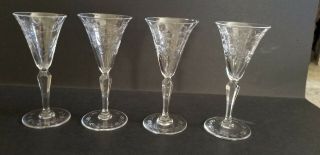 Antique Cut Etched Crystal Set Of 4 Stemmed Cordial Glasses Leaves On Foot 