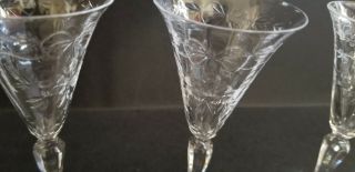 Antique Cut Etched Crystal Set of 4 Stemmed Cordial Glasses Leaves on Foot ' 20 ' s 2