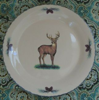 Northwoods Home & Garden Party Stoneware Deer & Pine Cones 4 Dinner Plates