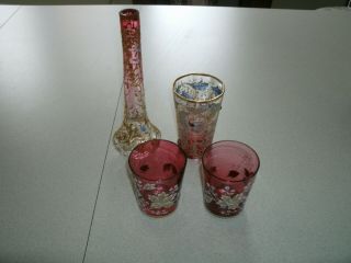 (4) Antique Hand Decorated Glass Vase And Cranberry Glass