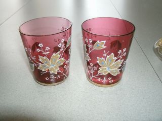 (4) ANTIQUE HAND DECORATED GLASS VASE AND CRANBERRY GLASS 2