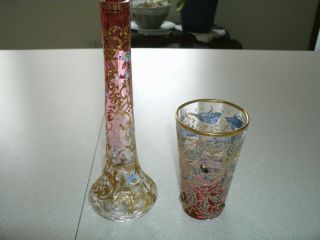 (4) ANTIQUE HAND DECORATED GLASS VASE AND CRANBERRY GLASS 3